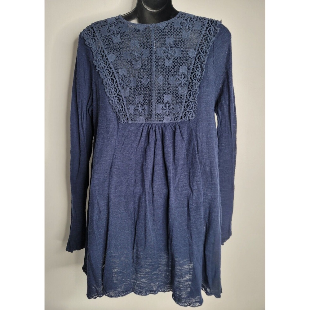 Free People Womens Small Knit Lace Blue Cardigan Linen Blend Boho - Picture 6 of 6